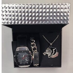 Ed Hardy Men's Watch Bracelet Necklace Panther Pendant Gift Set Silver Tone